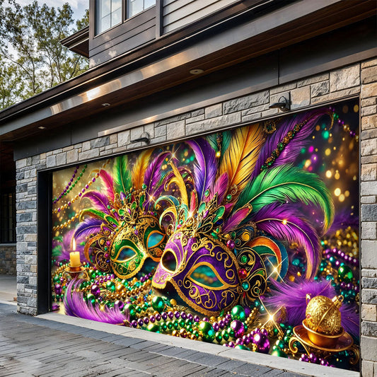 Lorva Mardi Gras Garage Door Banner Decoration Opulent Feather Masque