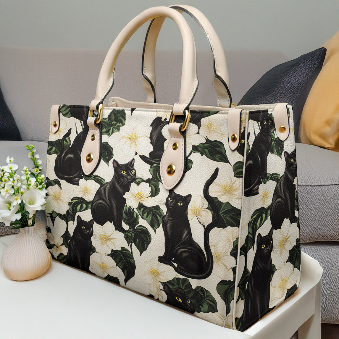 Lorva Black Cat Leather Bag Gorgeous Plumeria
