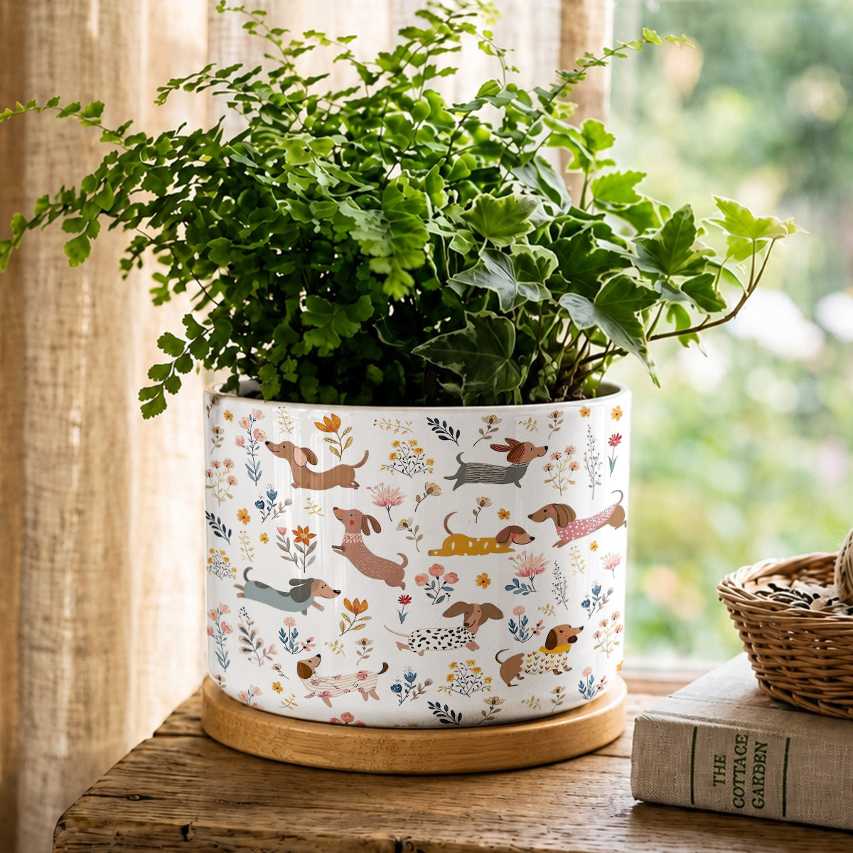 Lorva Dachshund Ceramic Plant Pot Happy Field Flowers