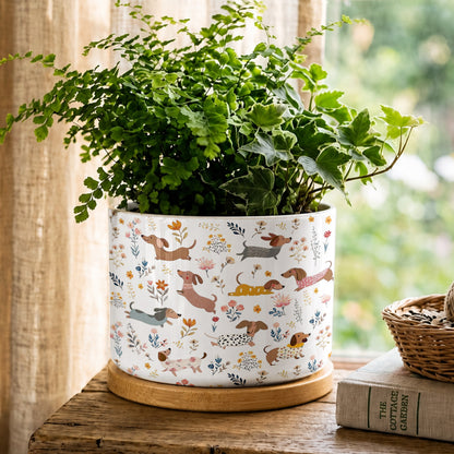 Lorva Dachshund Ceramic Plant Pot Happy Field Flowers
