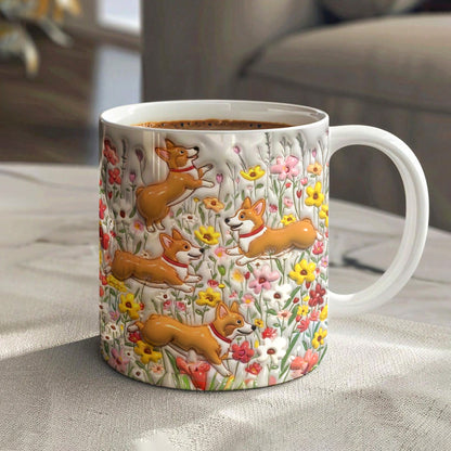 Lorva  Flat Print Mug Puffy Cute Corgi In Flower Garden