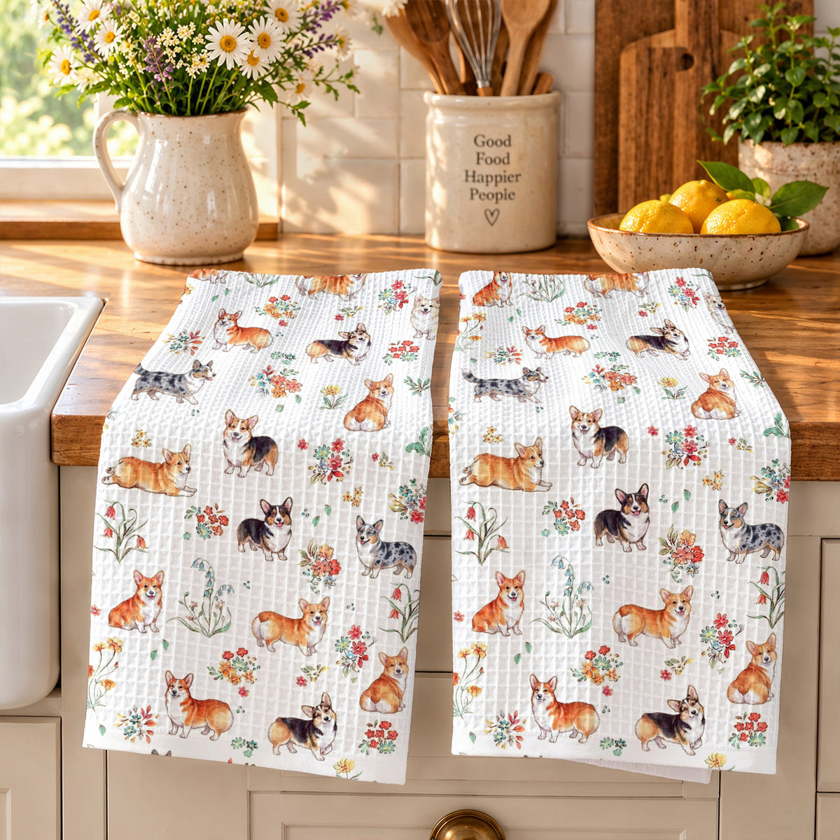 Lorva Kitchen Towel Charming Floral Corgi