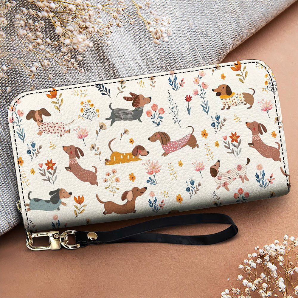 Lorva Dachshund Leather Wallet Happy Field Flowers