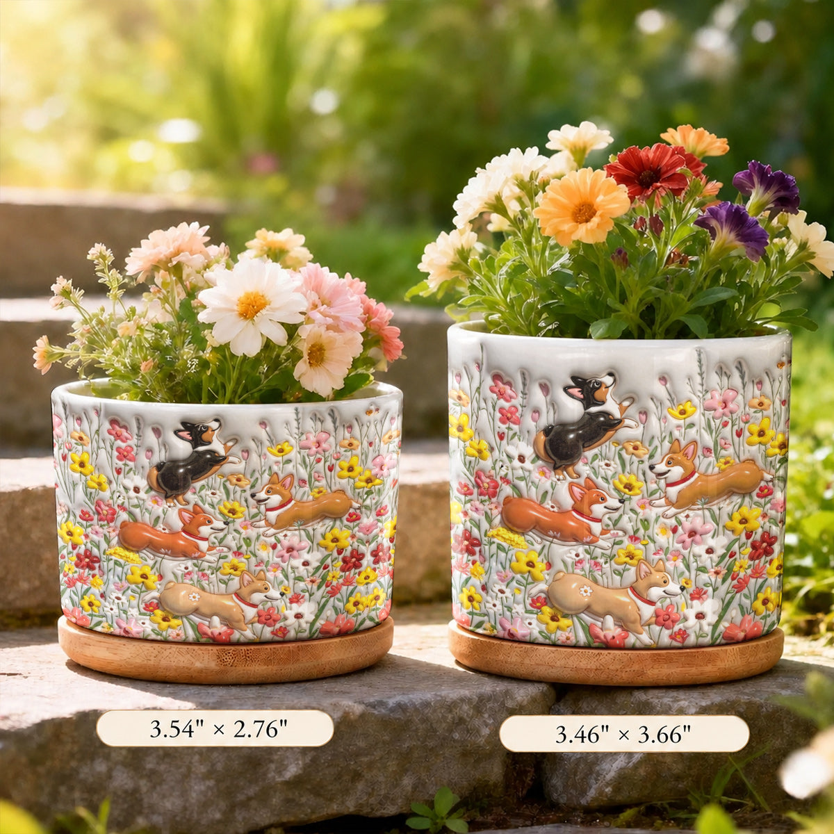 Lorva Corgi Flat Print Ceramic Plant Pot Cute Field Flowers