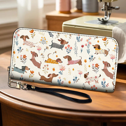 Lorva Dachshund Leather Wallet Happy Field Flowers