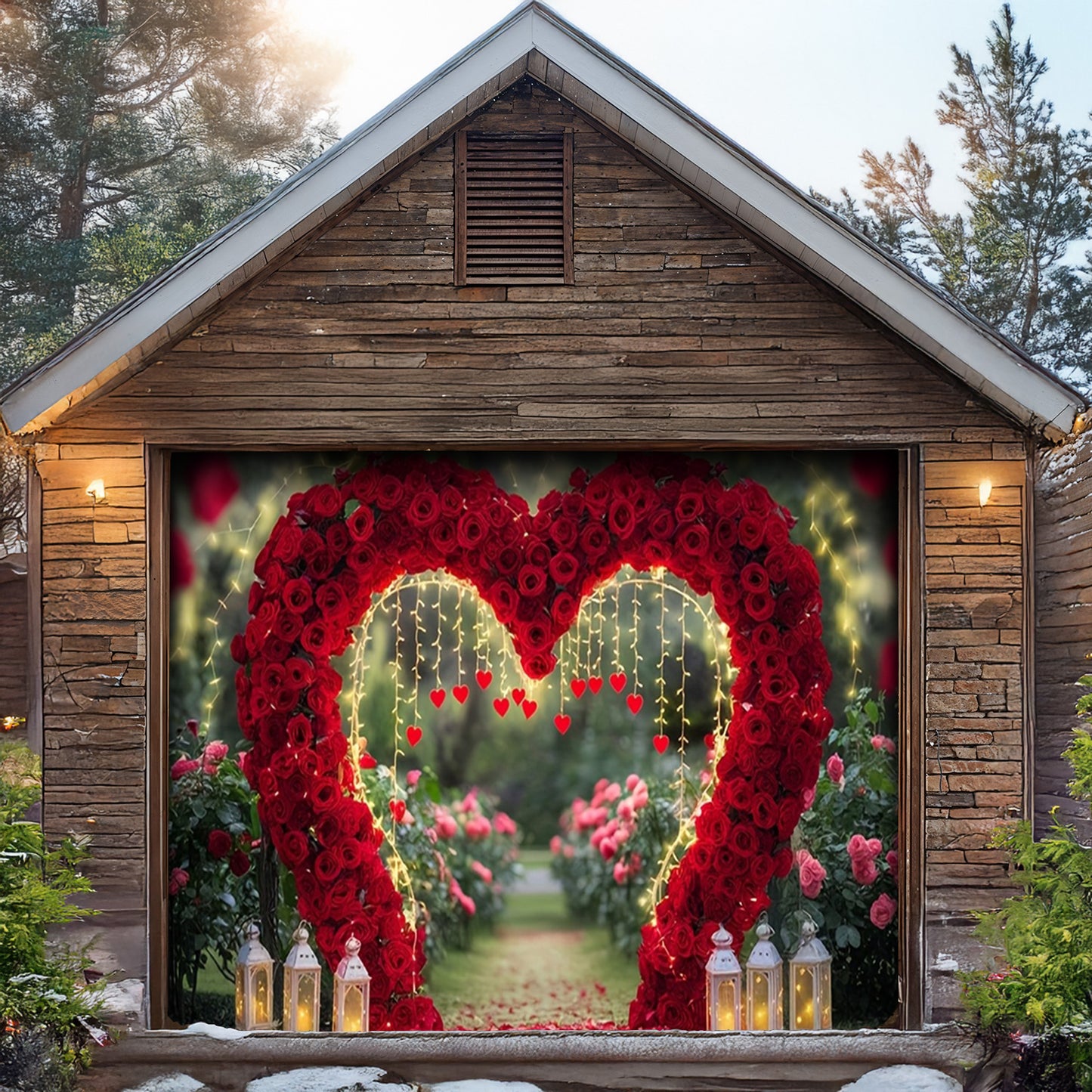 Lorva Garage Door Banner Decoration Love Heart Rose Pathway