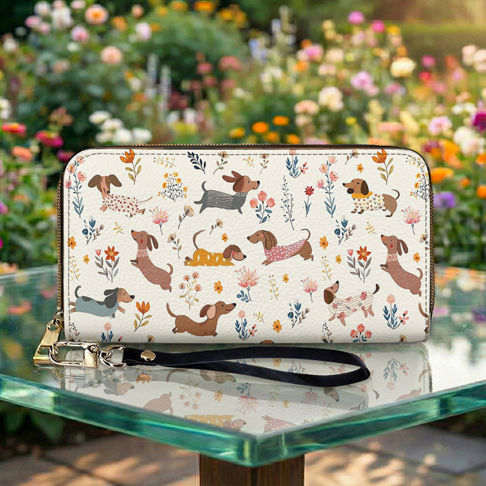Lorva Dachshund Leather Wallet Happy Field Flowers