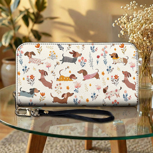 Lorva Dachshund Leather Wallet Happy Field Flowers