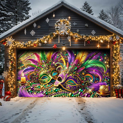 Lorva Mardi Gras Garage Door Banner Decoration Opulent Feather Masque