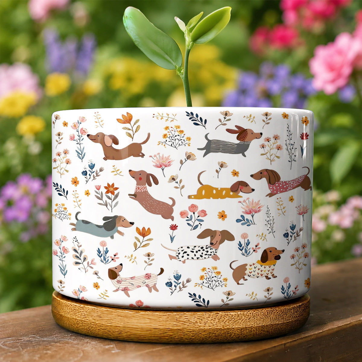 Lorva Dachshund Ceramic Plant Pot Happy Field Flowers
