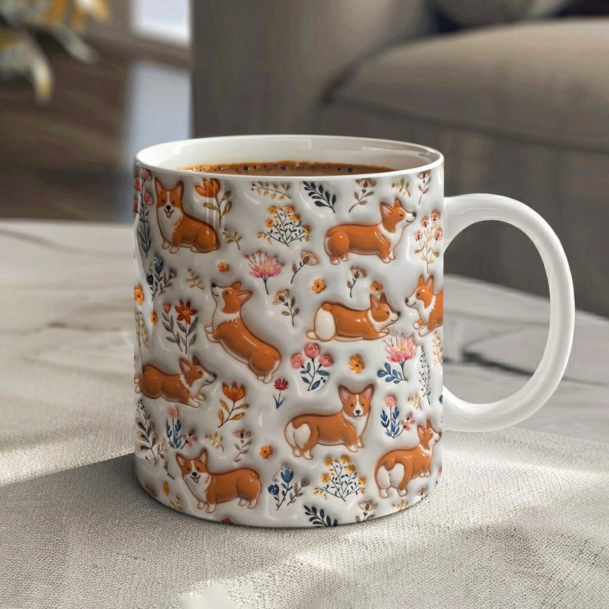 Lorva Corgi Flat Print Mug Field Flowers Lovely