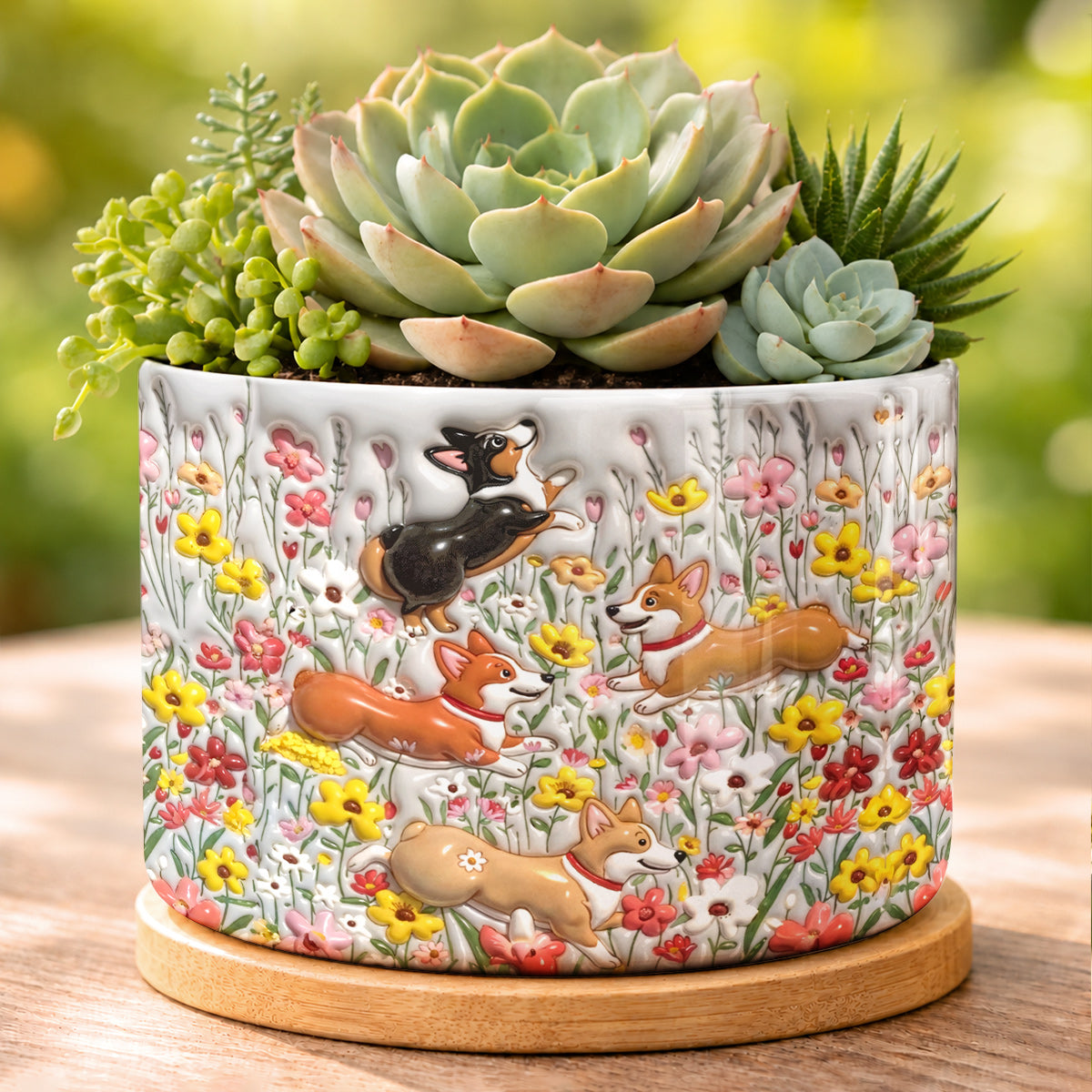 Lorva Corgi Flat Print Ceramic Plant Pot Cute Field Flowers