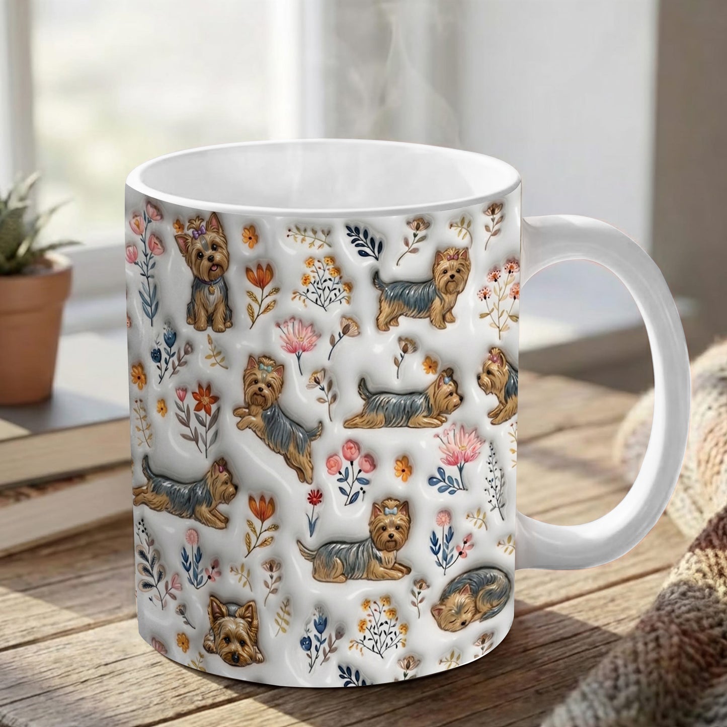 Lorva Yorkie Flat Print Mug Happy Field Flowers