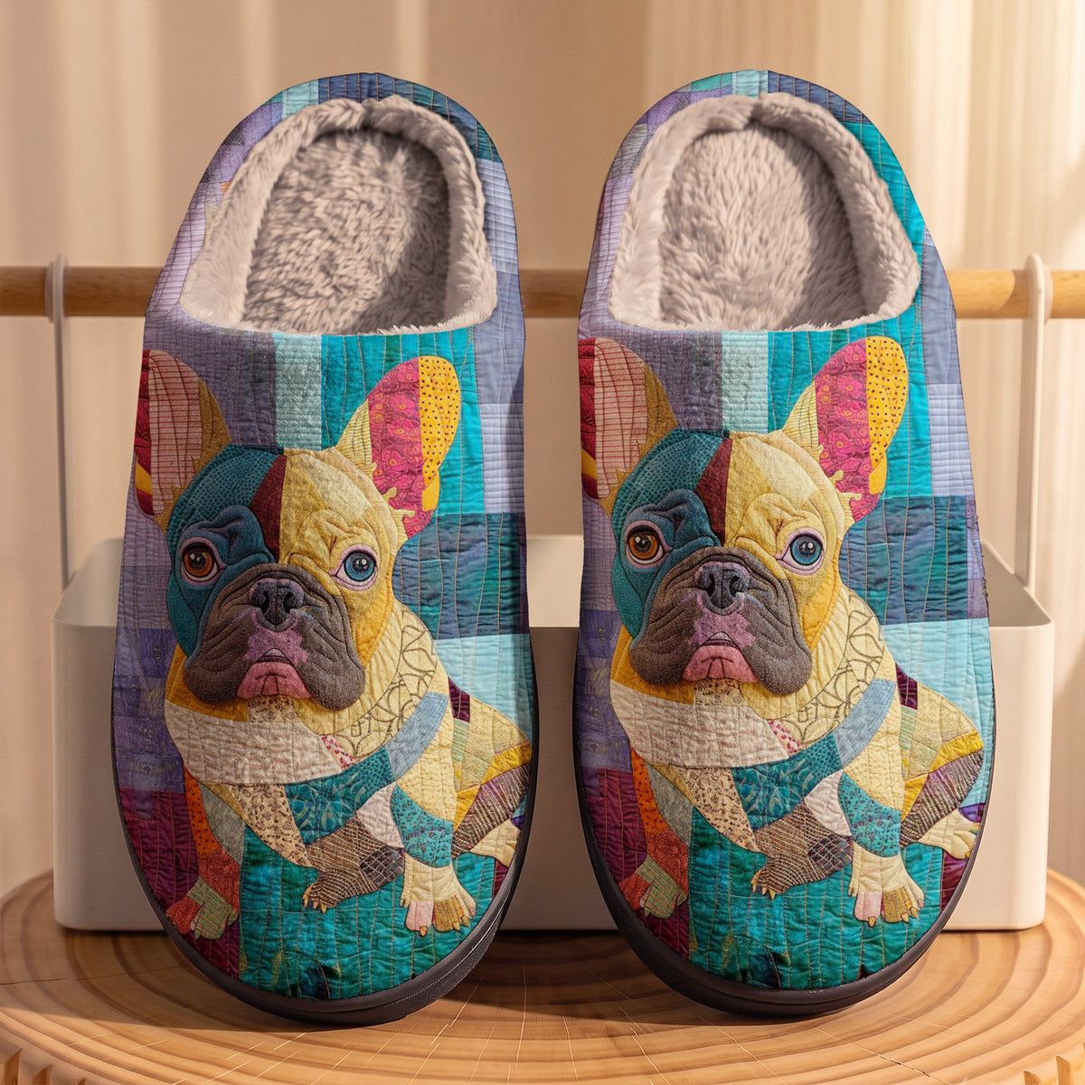 Lorva French Bulldog Fleece Lined Slippers Charming Patchwork