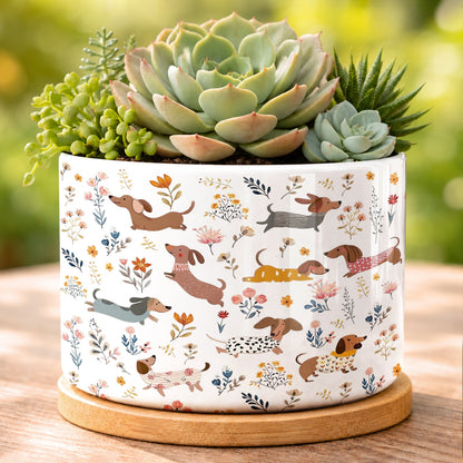 Lorva Dachshund Ceramic Plant Pot Happy Field Flowers