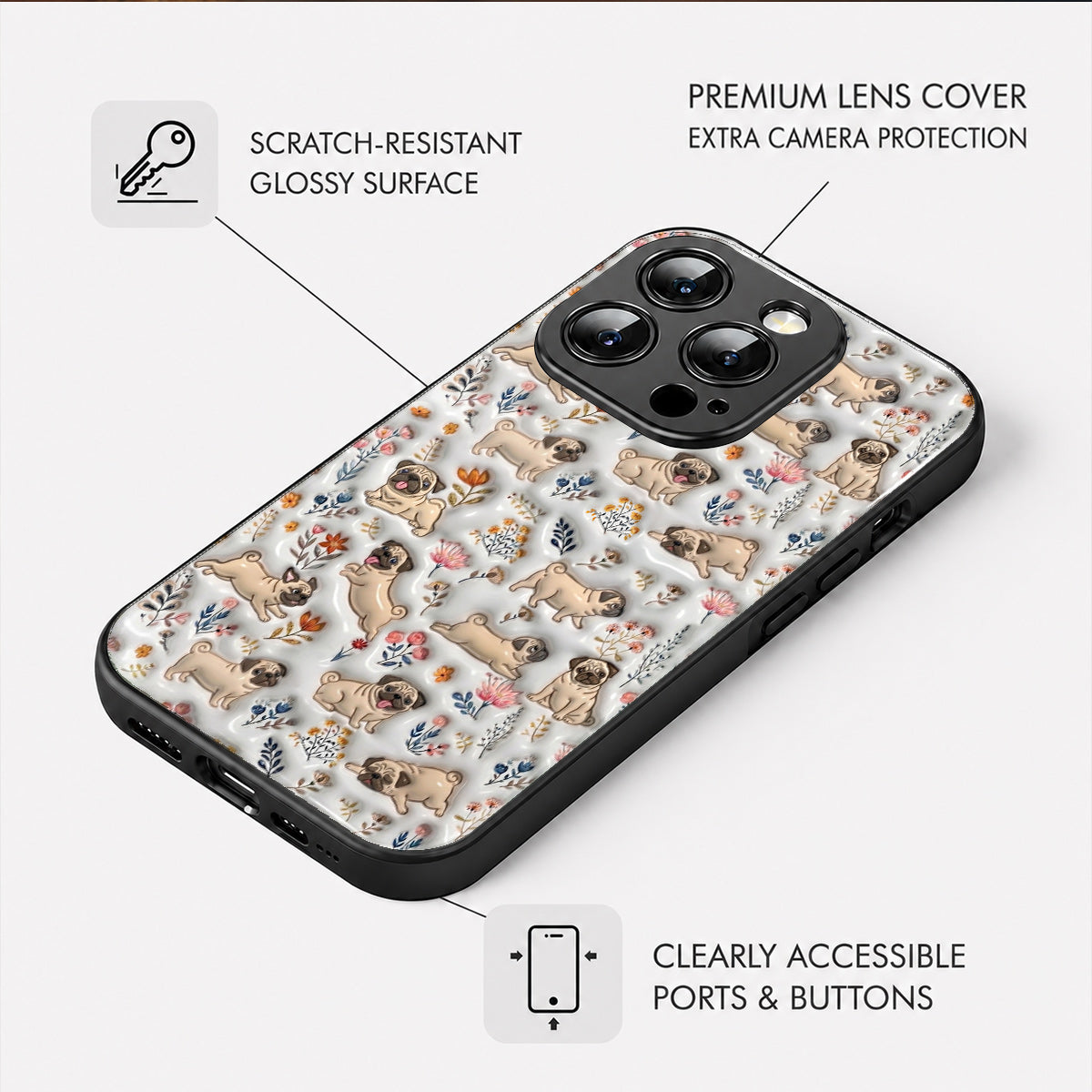 Lorva Pug Flat Print Phone Case Happy Field Flowers