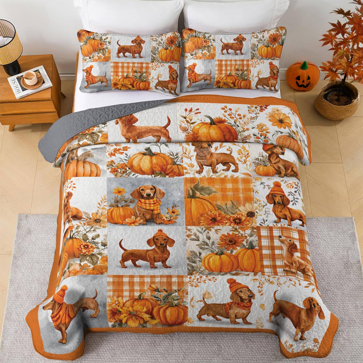 Dachshund Lorva All Season Quilt 3-Piece Set Happy Fall