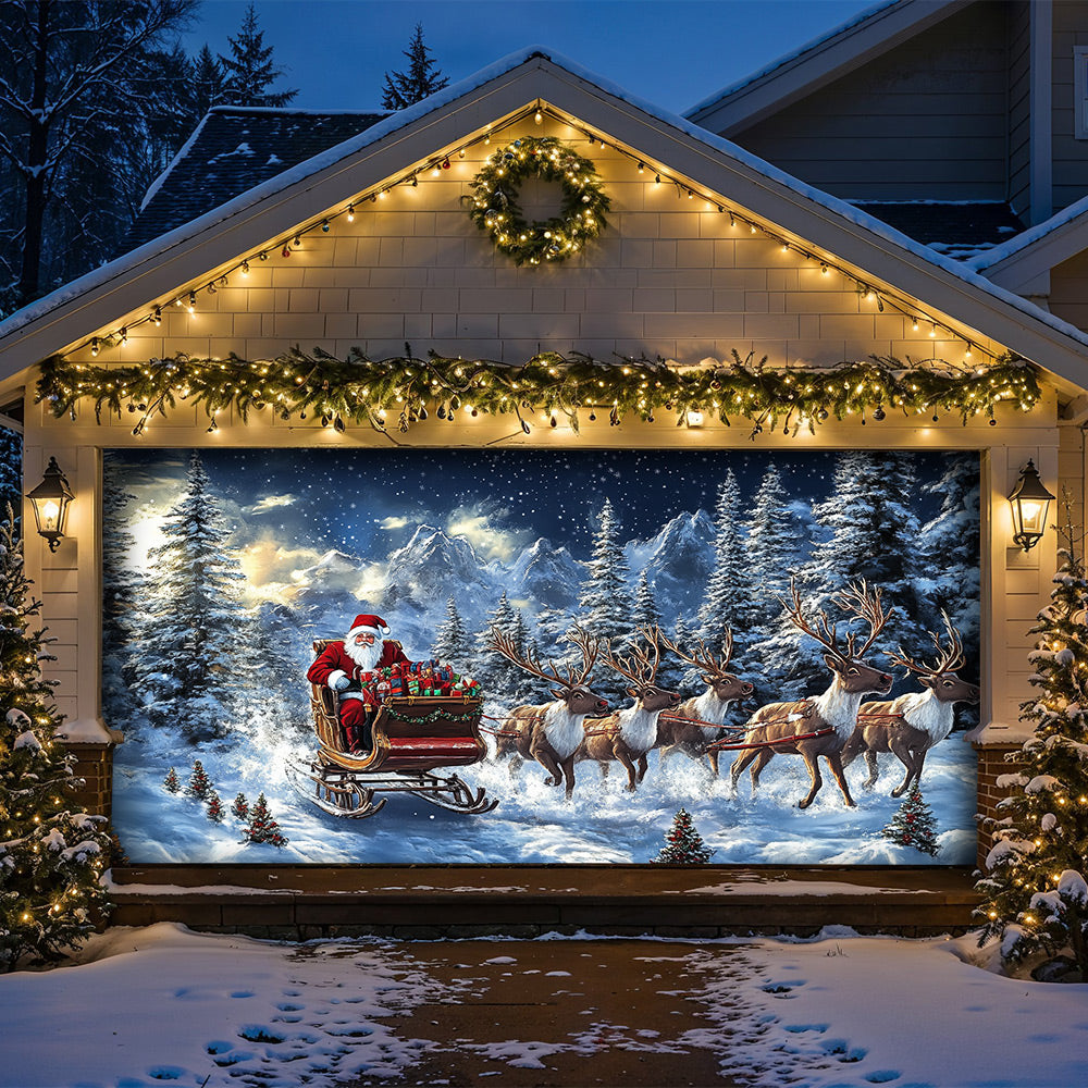 Lorva Christmas Garage Door Banner Decoration  Majestic Santa’s Christmas Reindeer Team