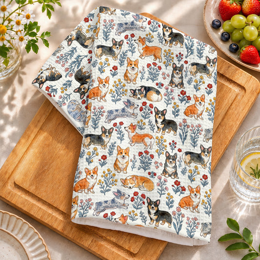 Lorva Corgi Kitchen Towel Happy Flower Garden