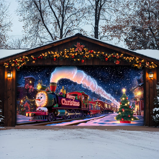 Lorva Christmas Garage Door Banner Decoration Cute Snowman’s Train Express