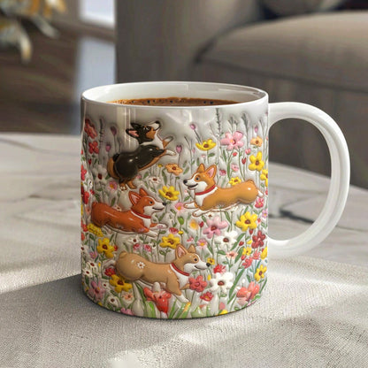 Lorva  Flat Print Mug Puffy Happy Corgi In Flower Garden