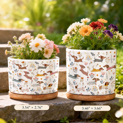 Lorva Dachshund Ceramic Plant Pot Happy Field Flowers