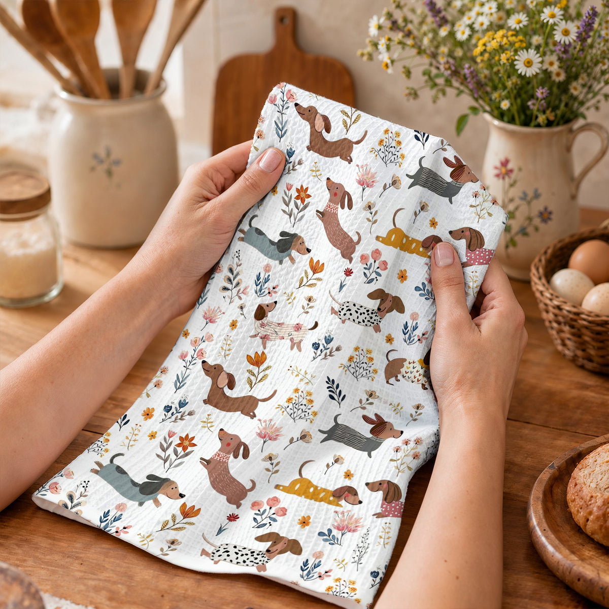 Lorva Dachshund Kitchen Towel Happy Field Flowers