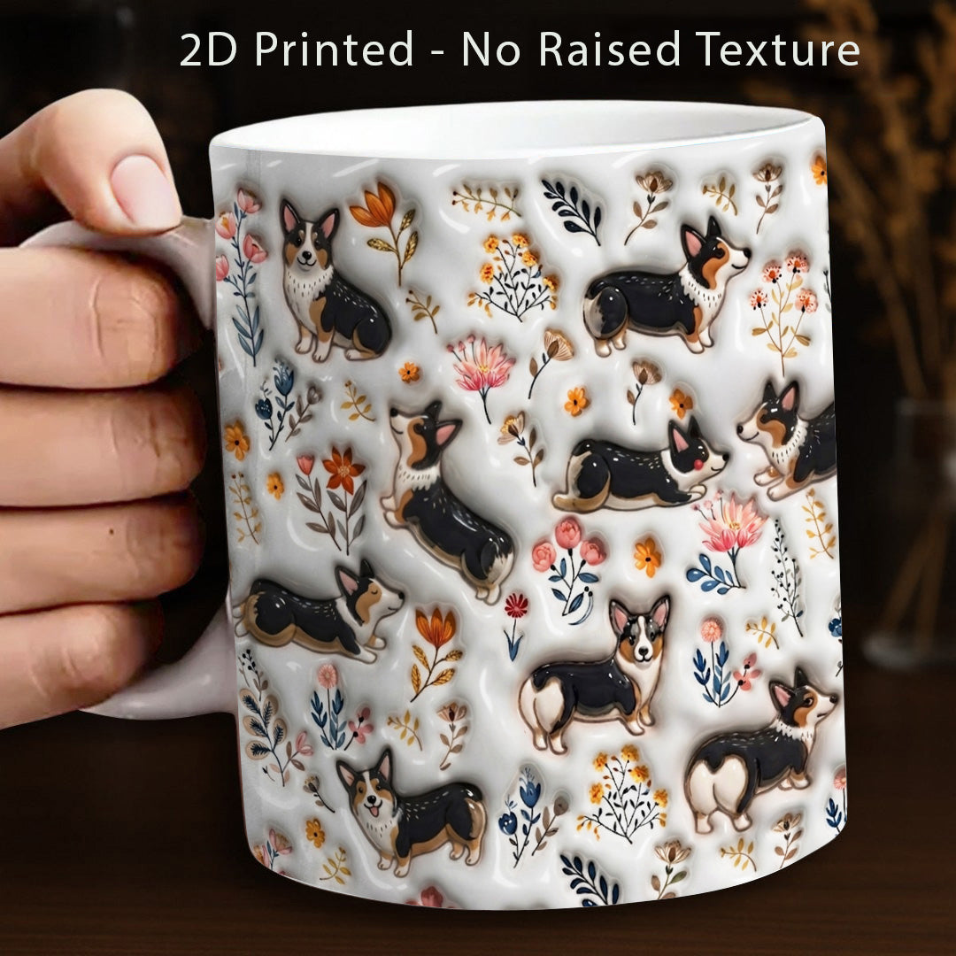 Lorva Corgi Flat Print Mug Joyful Field Flowers