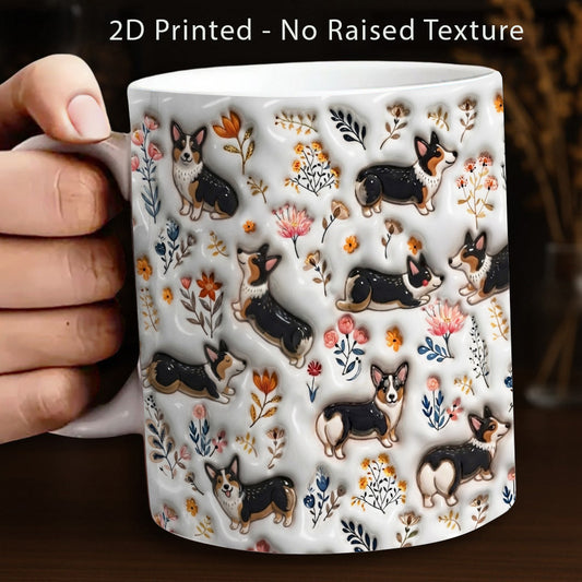 Lorva Corgi Flat Print Mug Joyful Field Flowers