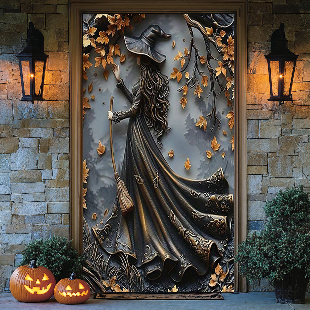 Lorva Halloween Door Cover Charming Autumn Witch