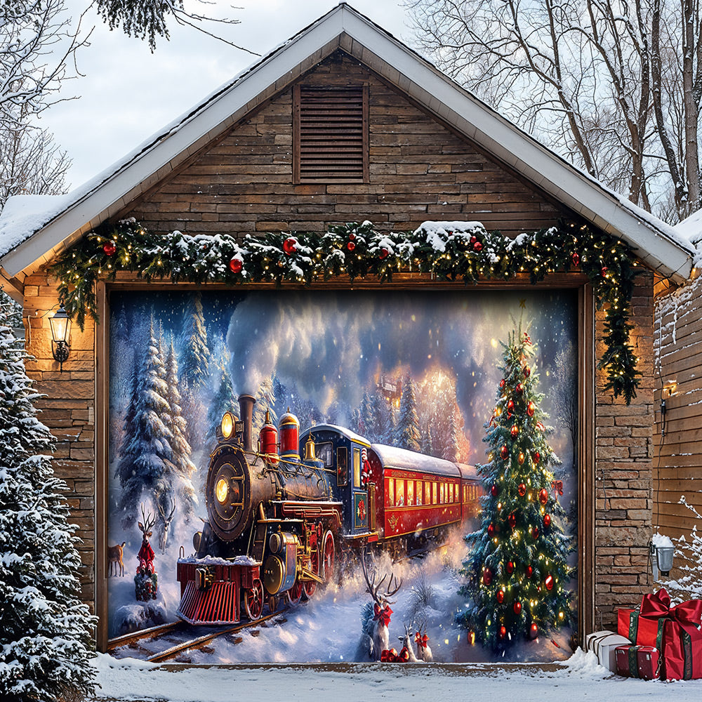 Lorva Christmas Garage Door Banner Decoration Santa’s Snowy Train Adventure