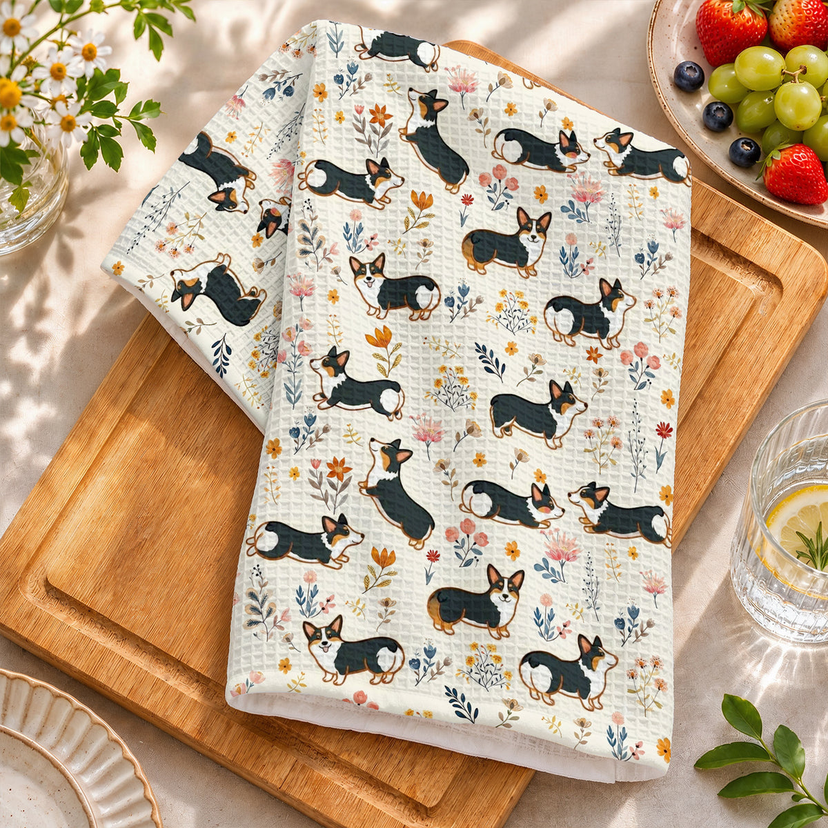 Lorva Corgi Kitchen Towel Joyful Field Flower