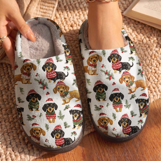 Lorva Dachshund Fleece Lined Slippers Happy Winter