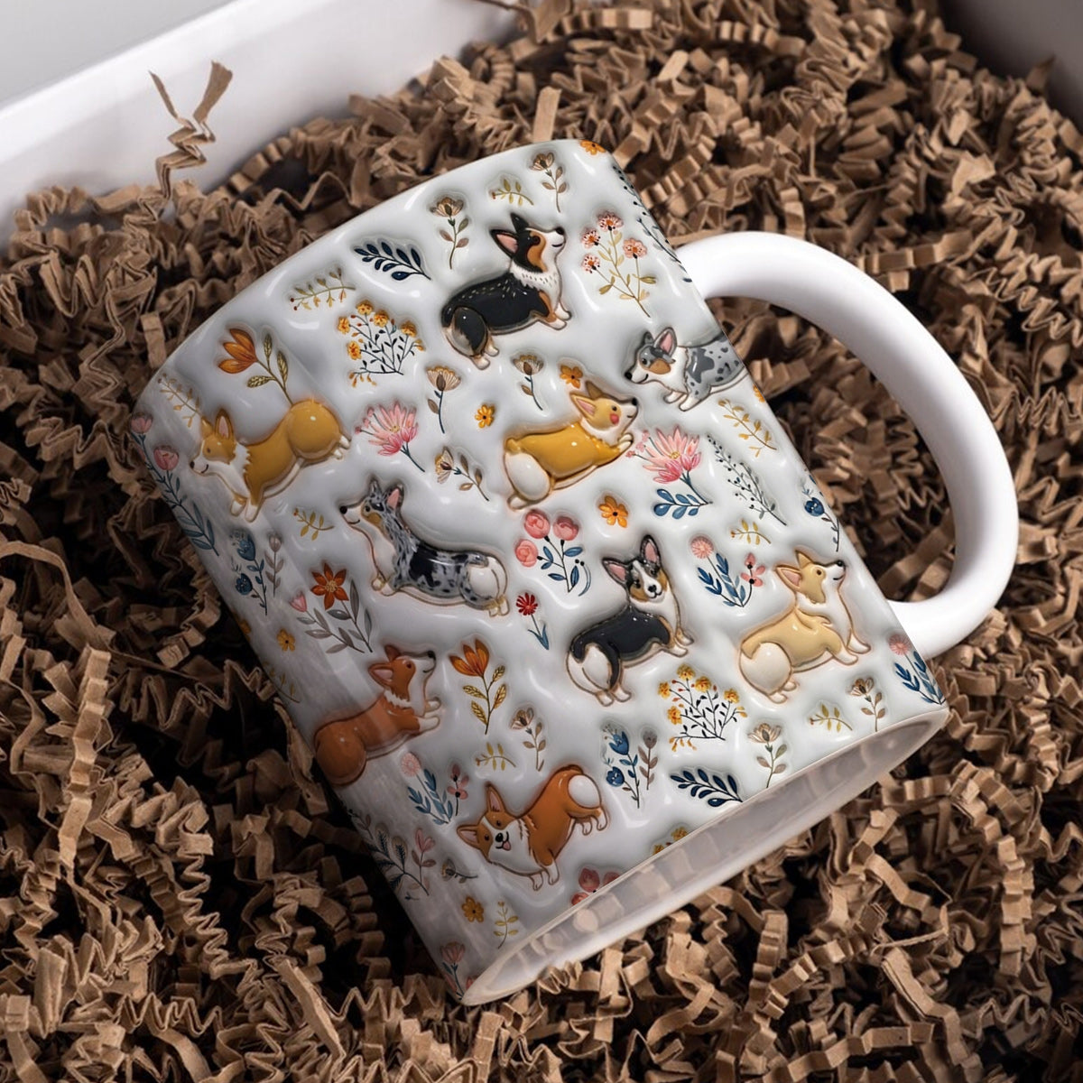 Lorva Corgi Flat Print Mug Happy Field Flowers