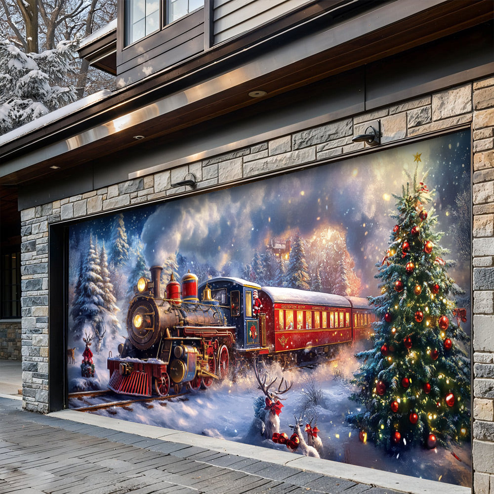 Lorva Christmas Garage Door Banner Decoration Santa’s Snowy Train Adventure