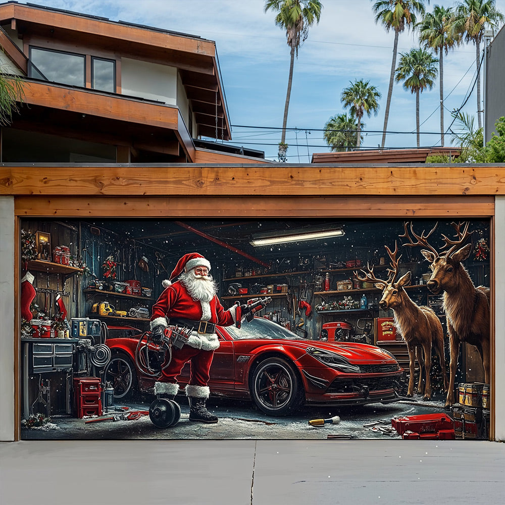 Lorva Christmas Garage Door Banner Decoration Santa's Reindeer Garage