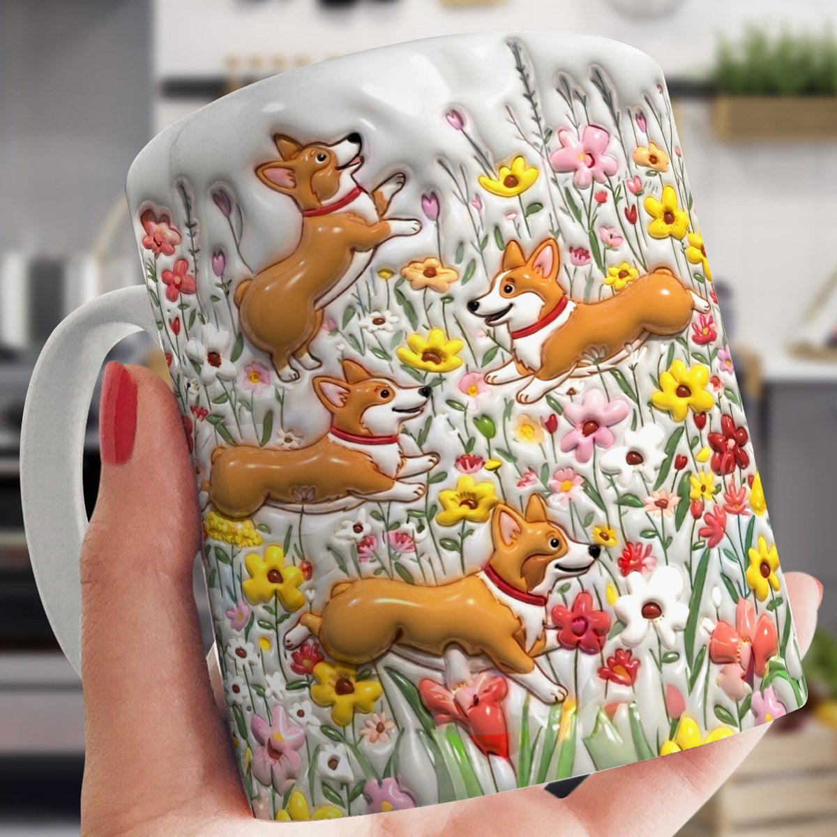 Lorva  Flat Print Mug Puffy Cute Corgi In Flower Garden