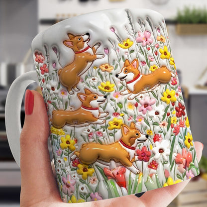Lorva  Flat Print Mug Puffy Cute Corgi In Flower Garden