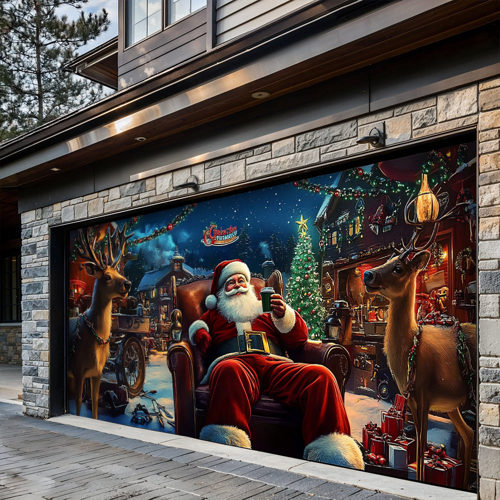 Lorva Christmas Garage Door Banner Decoration Joyful Santa & His Reindeer