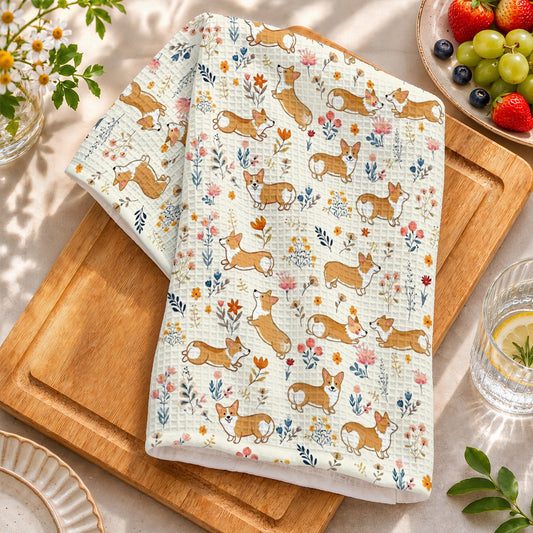 Lorva Corgi Kitchen Towel Cute Field Flowers