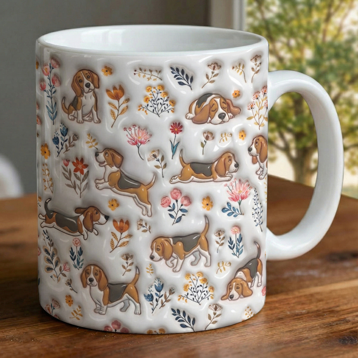 Lorva Beagle Flat Print Mug Happy Field Flowers