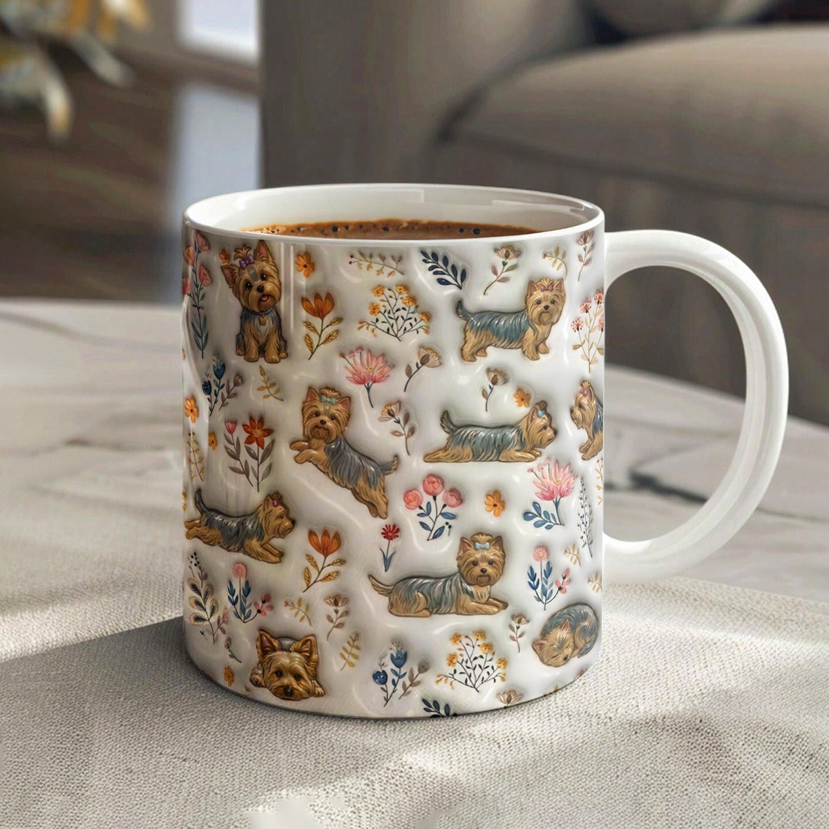 Lorva Yorkie Flat Print Mug Happy Field Flowers