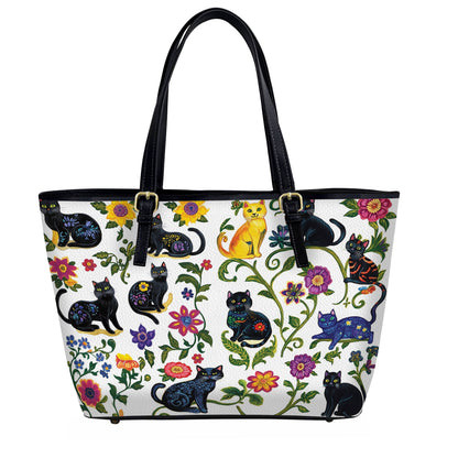 Lorva Leather Tote Bag WhimsiCats Garden