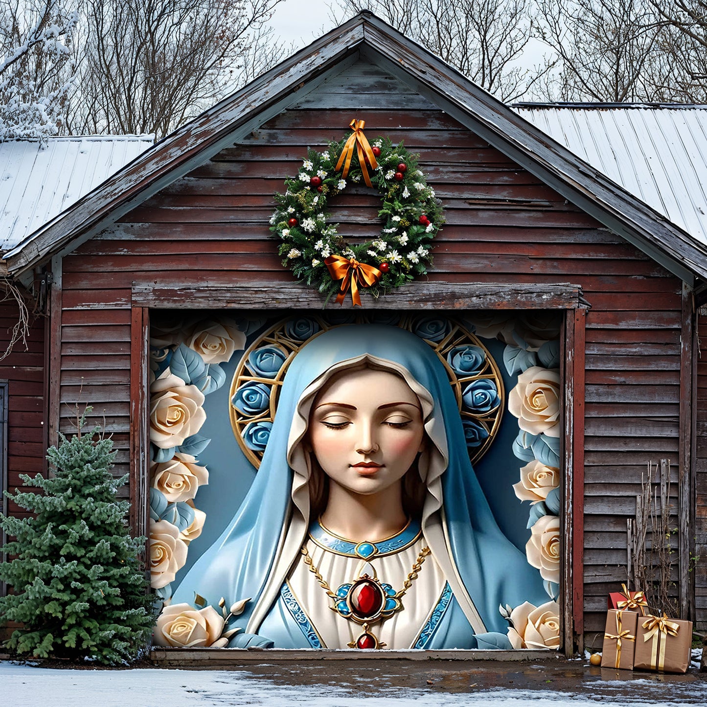 Lorva Christmas Garage Door Banner Decoration Blessed Virgin Mary