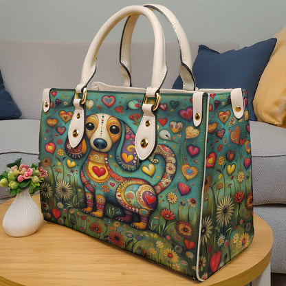 Lorva Whimsical Dachshund Leather Bag Heart & Floral