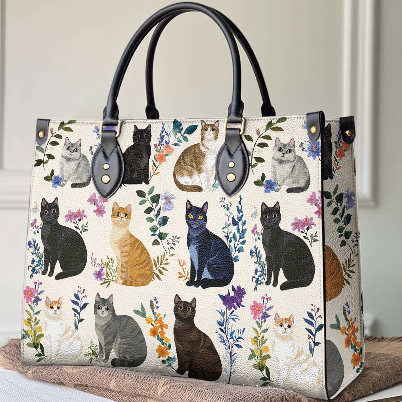 Lorva Leather Bag Charming Floral Cats