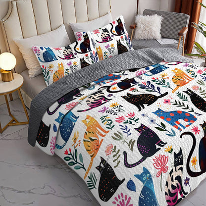 Lorva All Season Quilt 3-Piece Set Charming Whimsical Cat Garden
