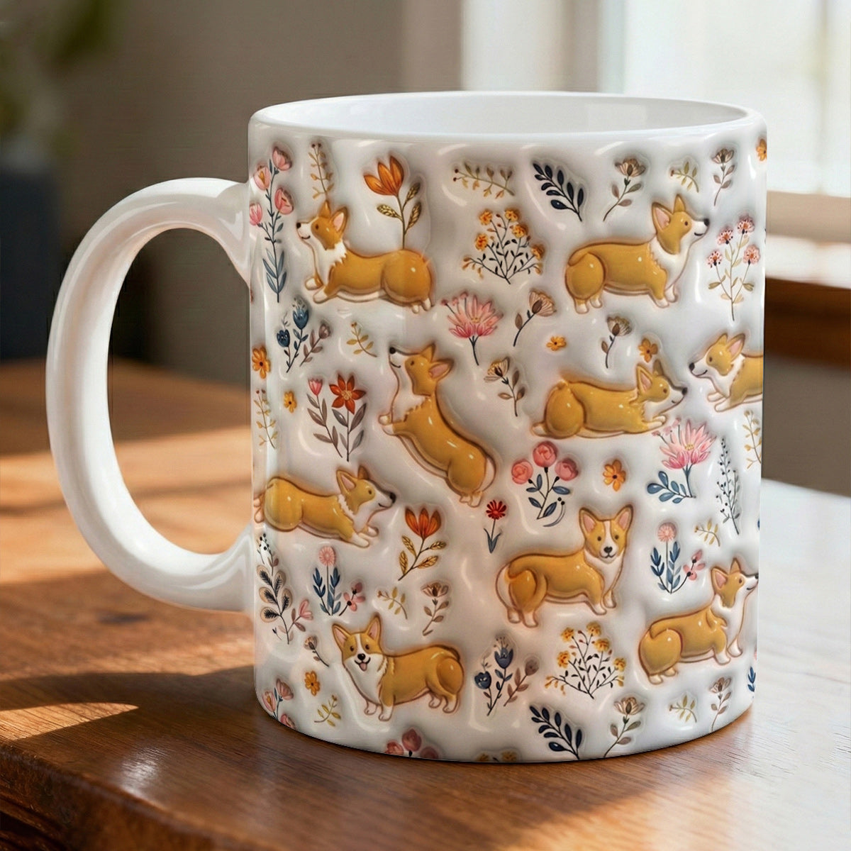 Lorva Corgi Flat Print Mug Cute Field Flowers