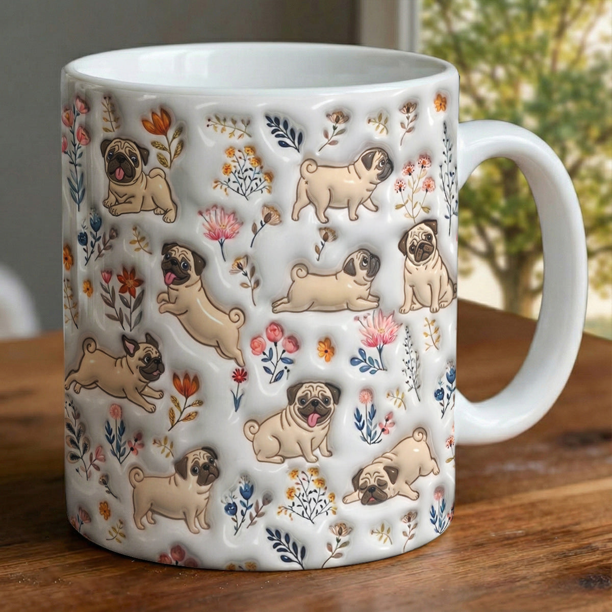 Lorva Pug Flat Print Mug Happy Field Flowers
