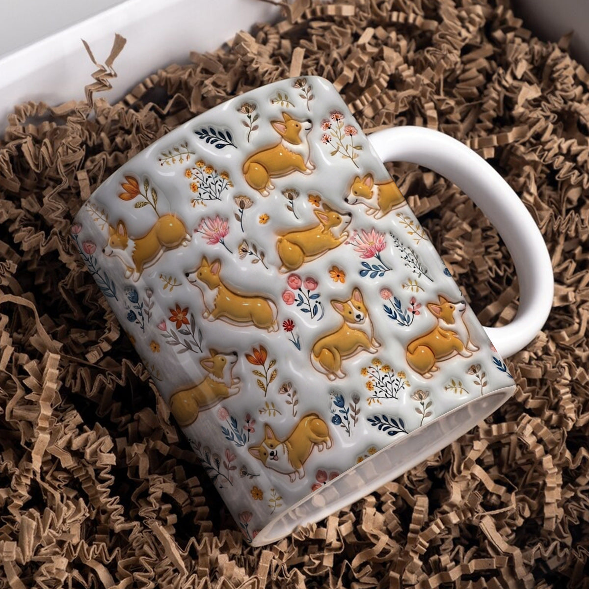 Lorva Corgi Flat Print Mug Cute Field Flowers